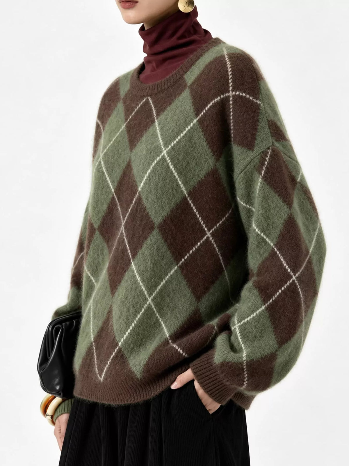 Argyle Pattern Fuzzy Knit Sweater