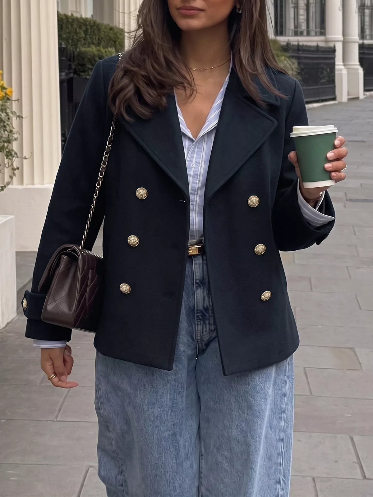 Double-Breasted Gold Button Blazer