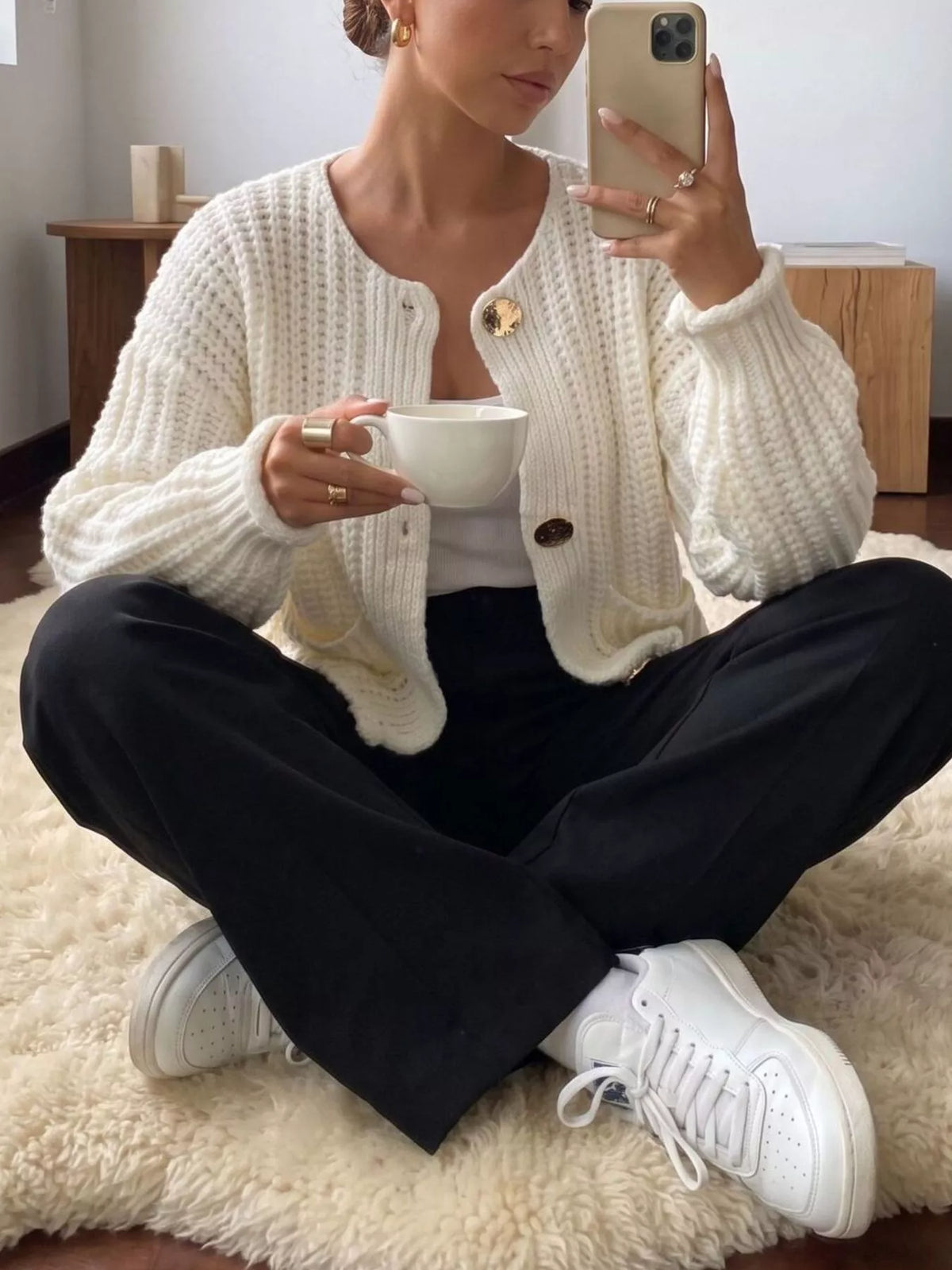Ribbed Knit Cardigan with Gold-Tone Buttons
