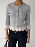 Lace Hem Ribbed Knit Button-Down Top