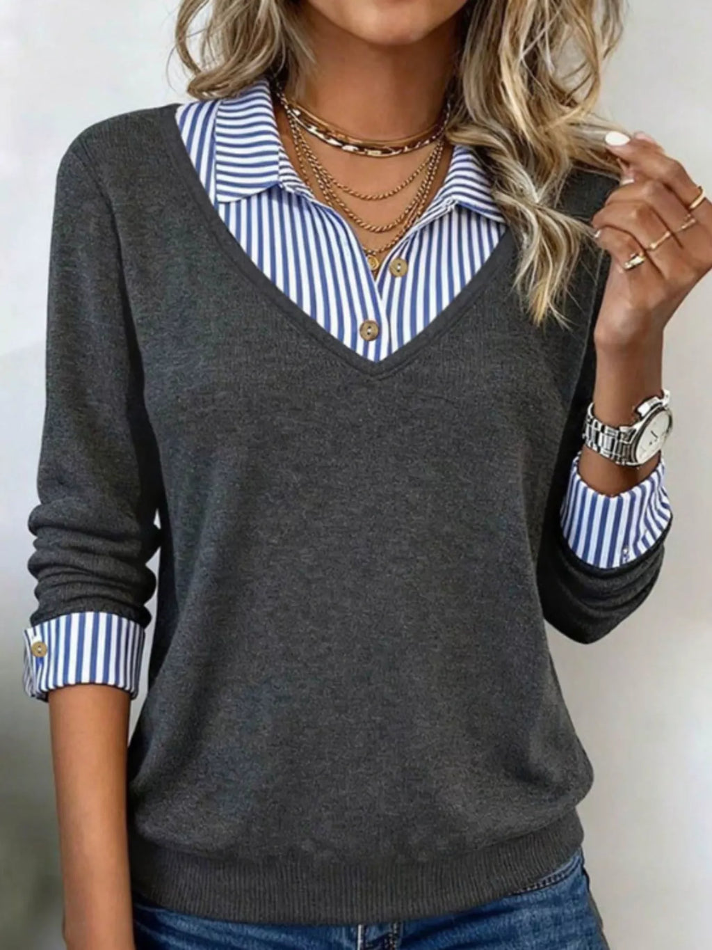 Layered Look Striped Collar Long Sleeve Top