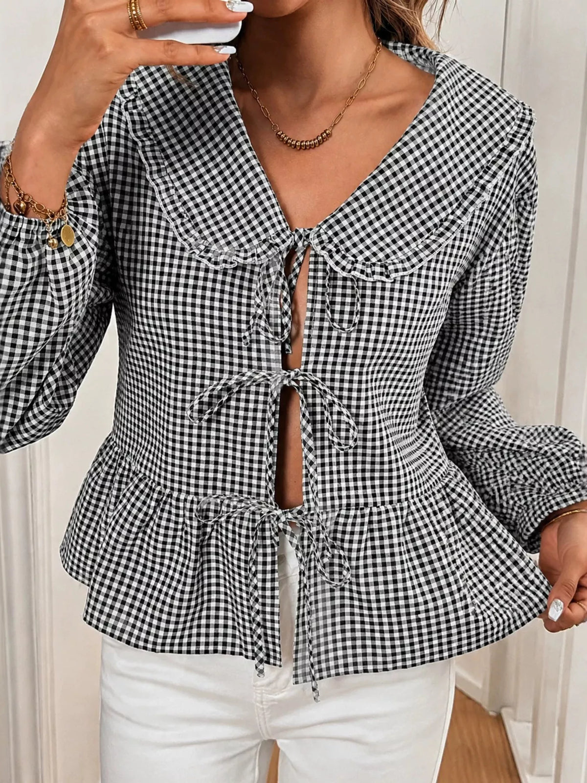 Gingham Tie-Front Peplum Blouse