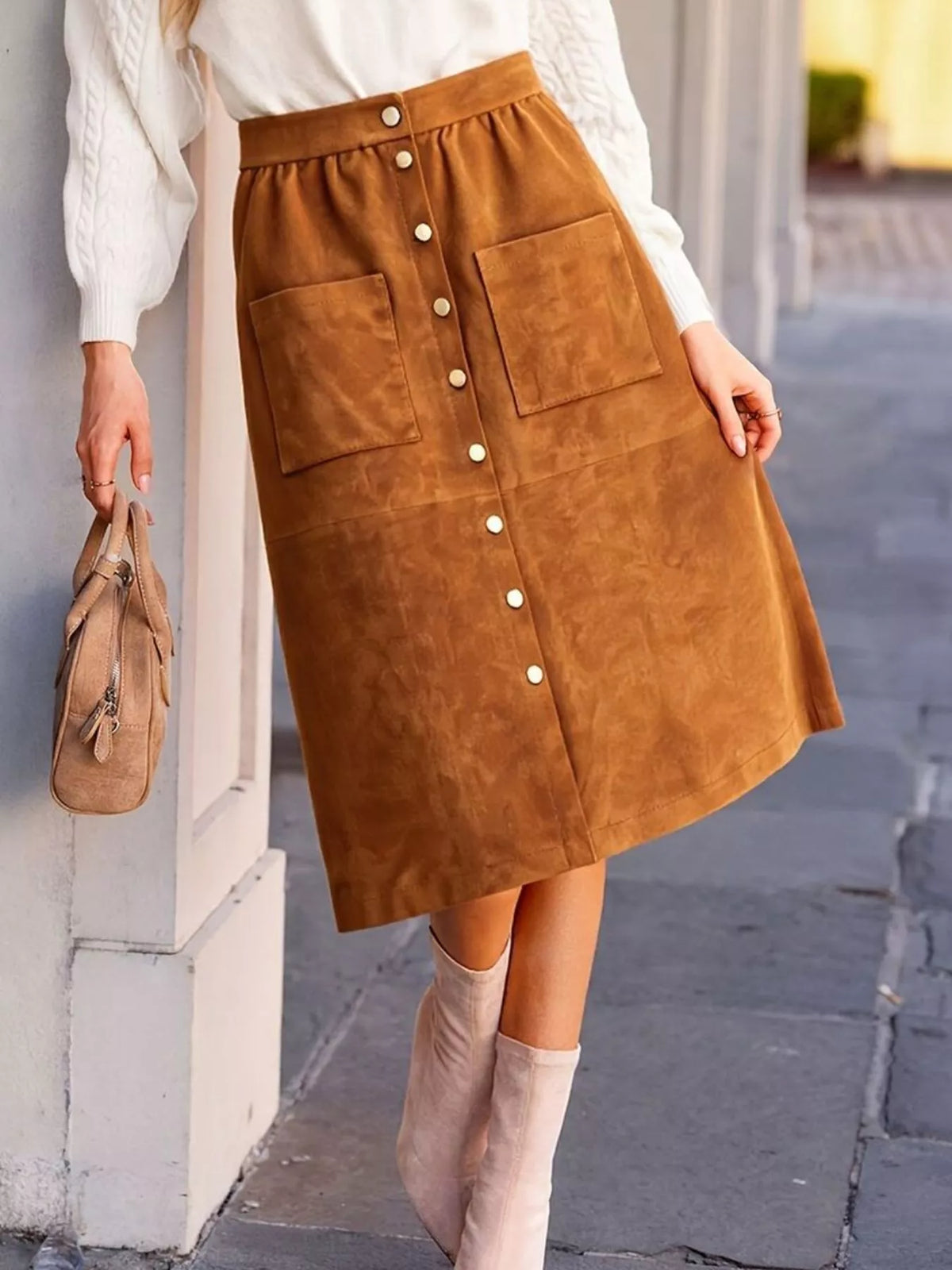 Button-Front Midi Skirt