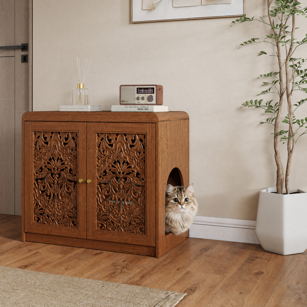 Walnut Cat Litter Box Enclosure Cabinet with Vent & Carved Doors - Walnut