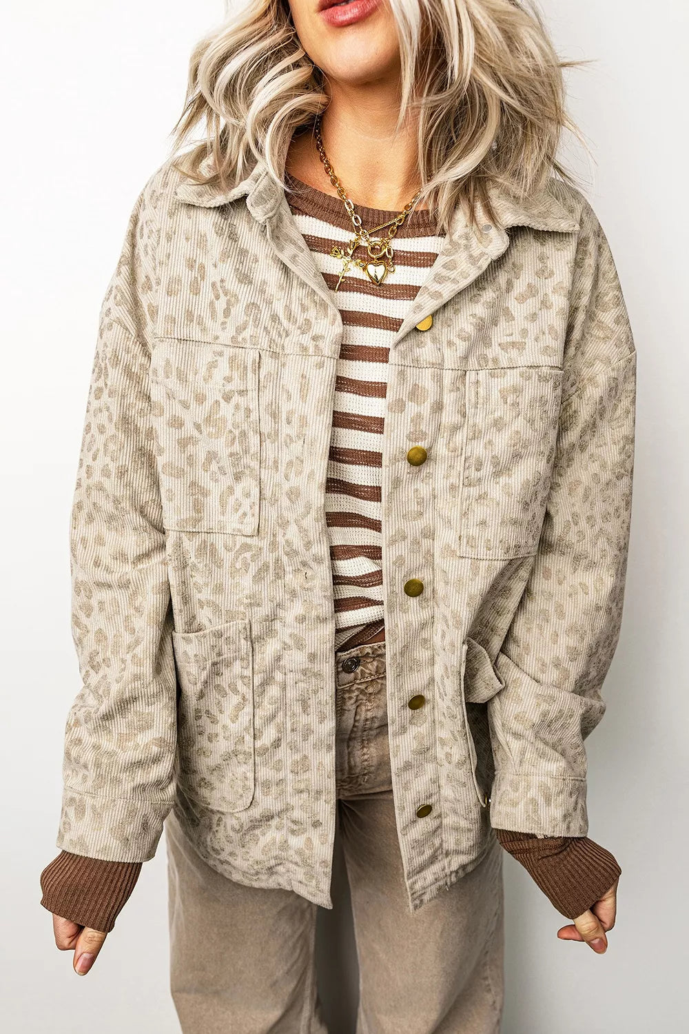 Leopard Print Corduroy Shirt Collar Long Sleeve Regular Fit Jacket