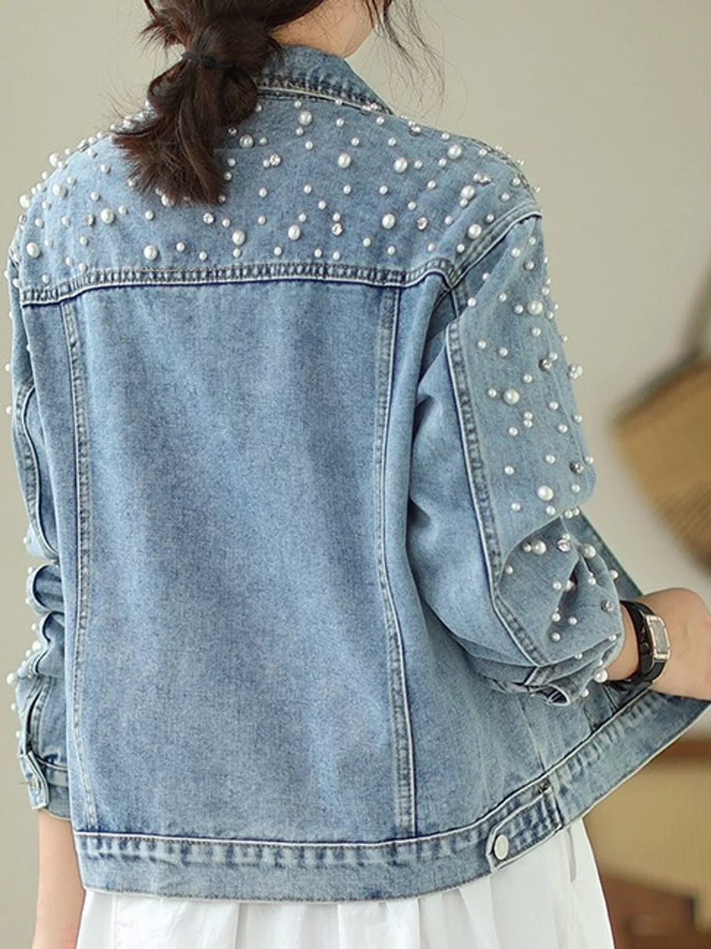 Pearl Detail Button Up Denim Jacket