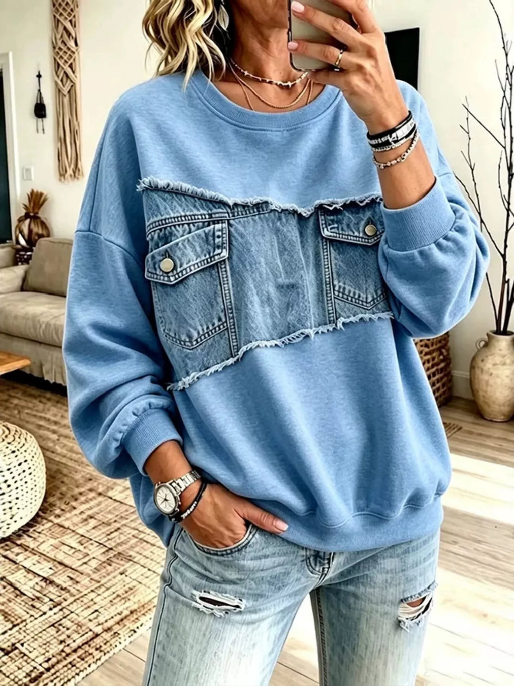 Full Size Denim Patchwork Dropped Shoulder Sweatshirt Plus Size