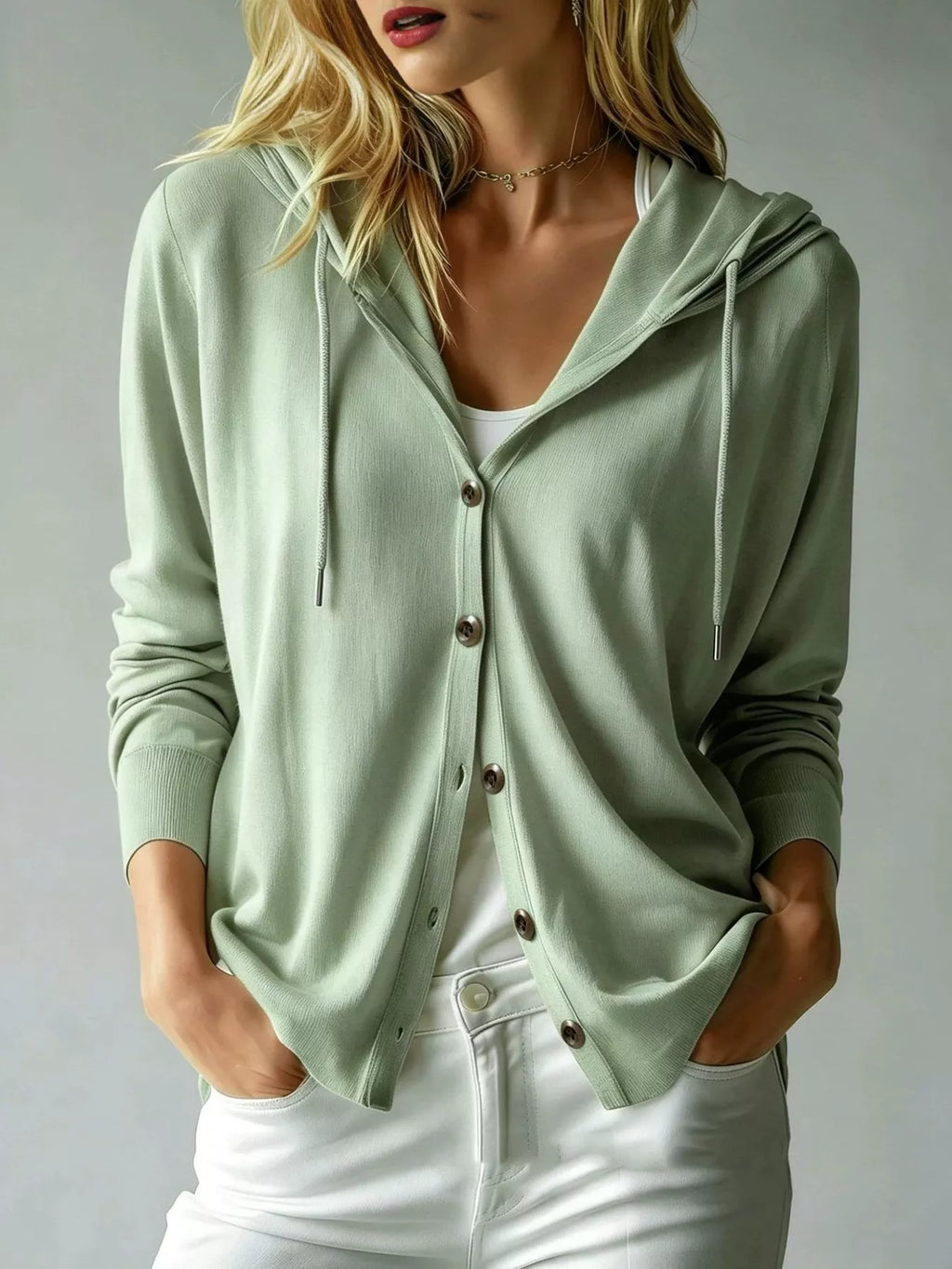Drawstring Button Down Hooded Cardigan