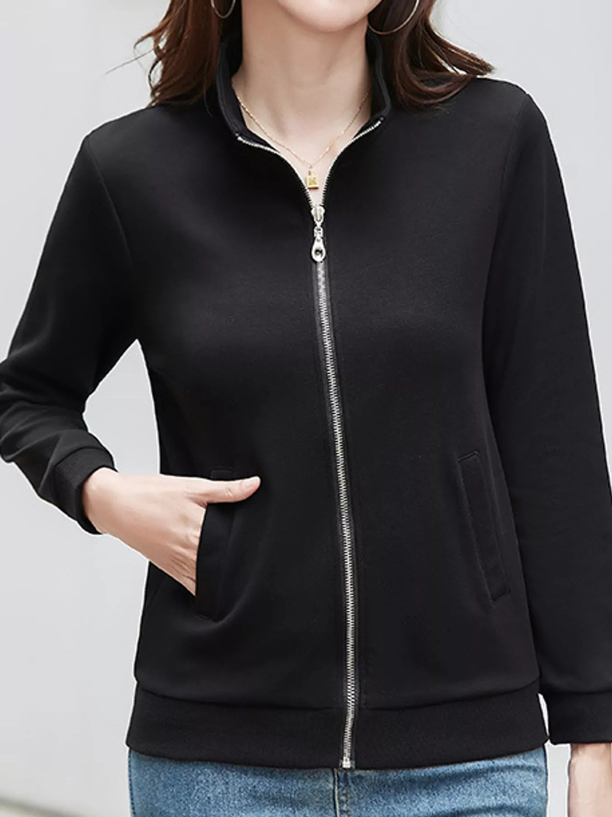 Full Size Stand-Collar Zip-Up Sweatshirt Plus Size