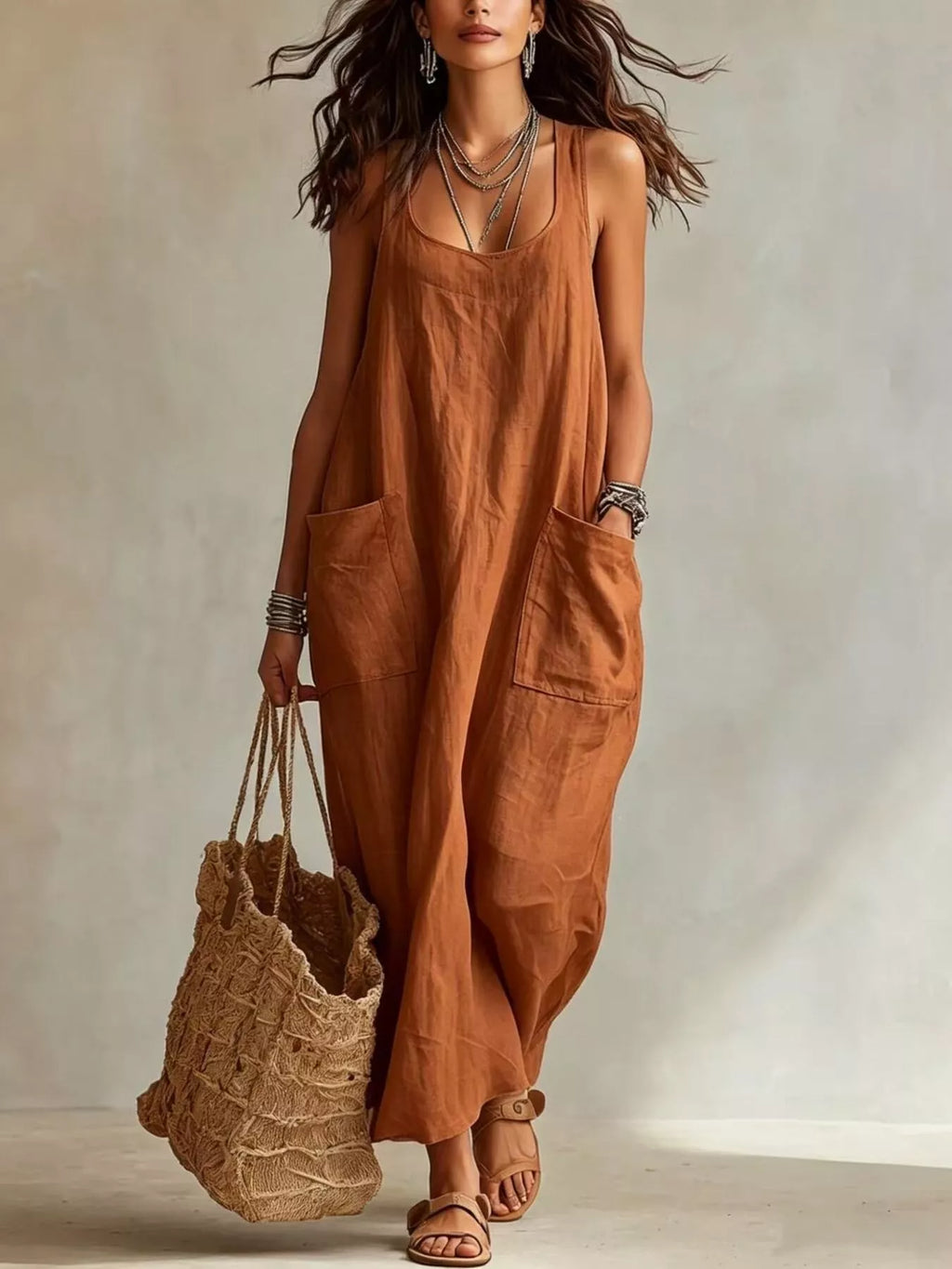 Scoop Neck Sleeveless Maxi Dress with Pockets