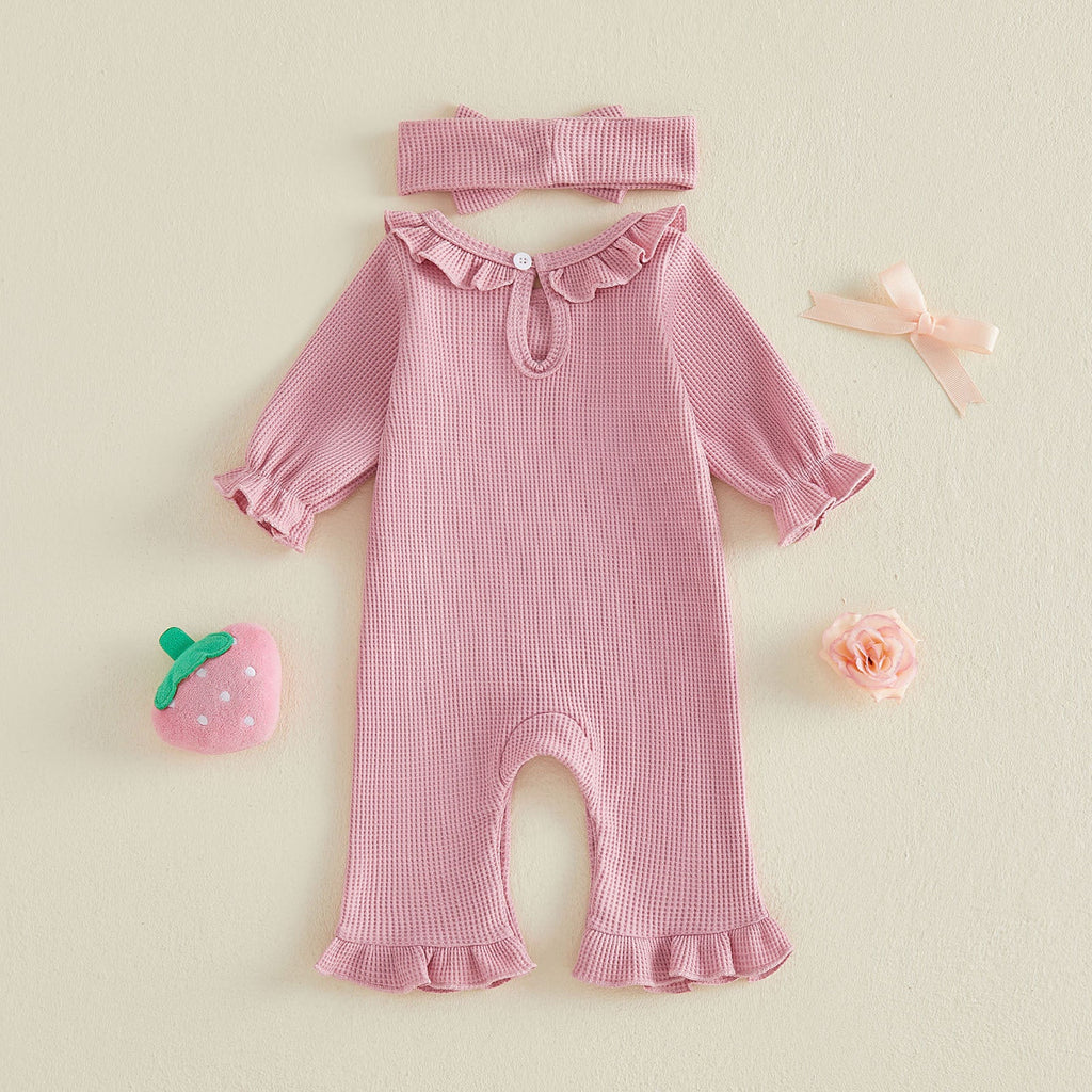 Embroidered Lotus-leaf Collar Long-sleeve Jumpsuit Headband
