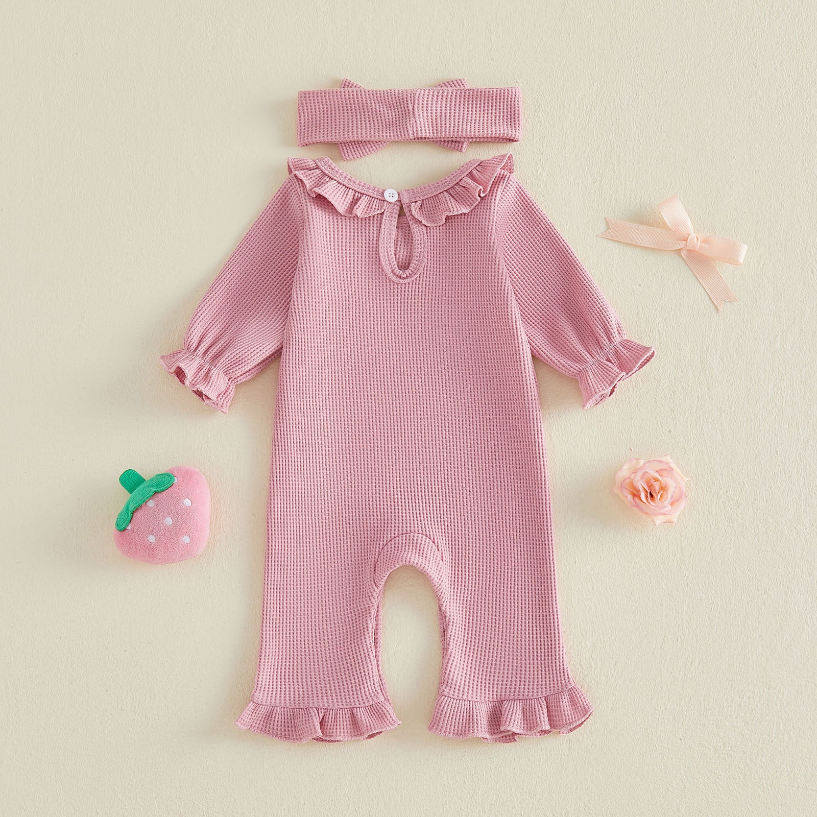 Embroidered Lotus-leaf Collar Long-sleeve Jumpsuit Headband
