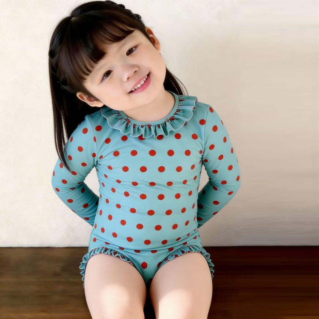 New style Korean style Retro Polka dot Long sleeve One piece Swimsuit For Babies