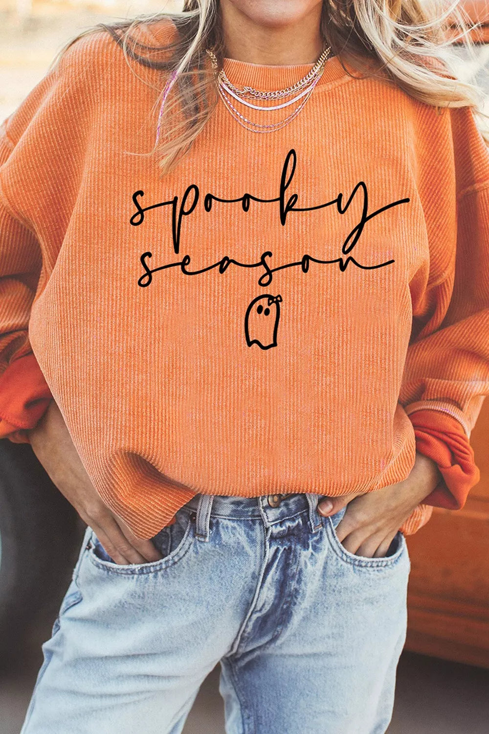 Spooky Season Ghost Letter Cozy Ribbed Pullover Sweatshirt