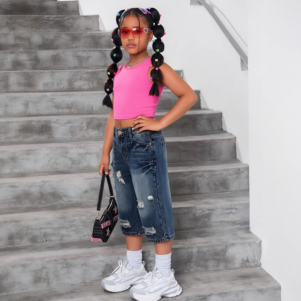 Girl's Nostalgic Washed Distressed Jeans