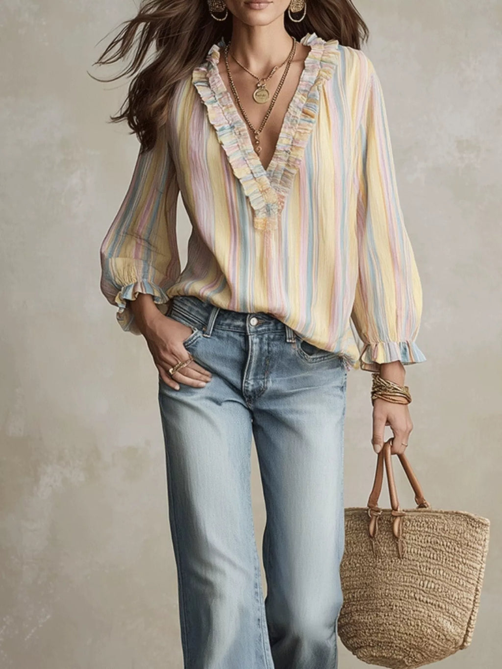 Striped Ruffle-Trim V-Neck Blouse