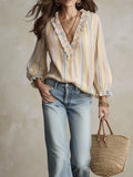 Striped Ruffle-Trim V-Neck Blouse