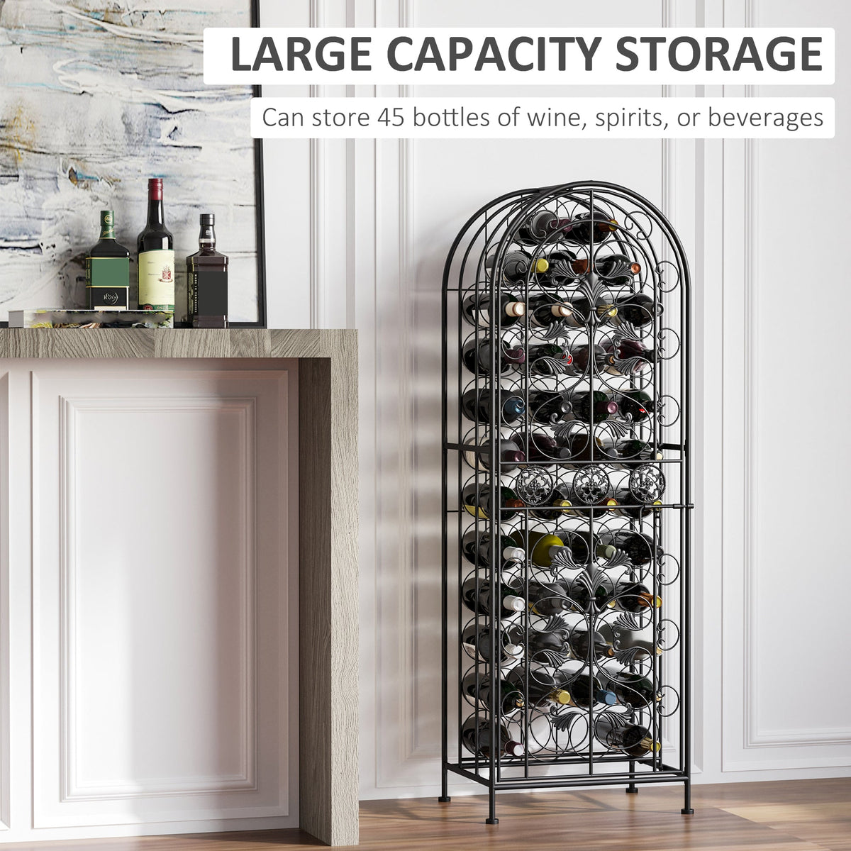 HOMCOM 45 Bottle Wrought Iron Wine Rack Jail with Lock - Black