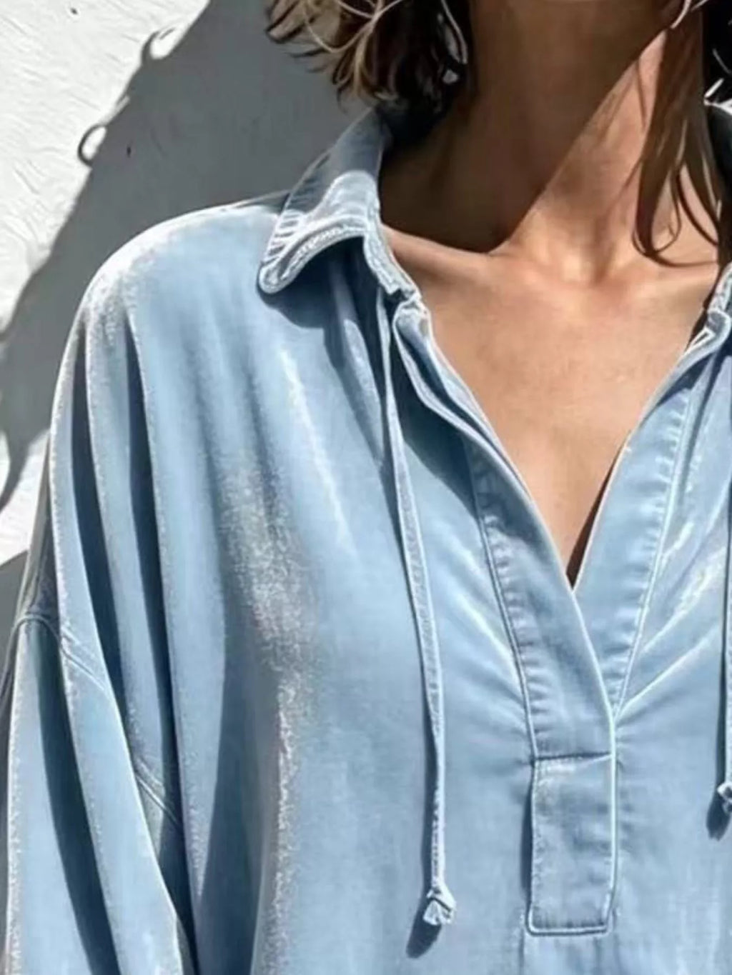 Full Size Oversized Velvet Collared Neck Drawstring Blouse Plus Size