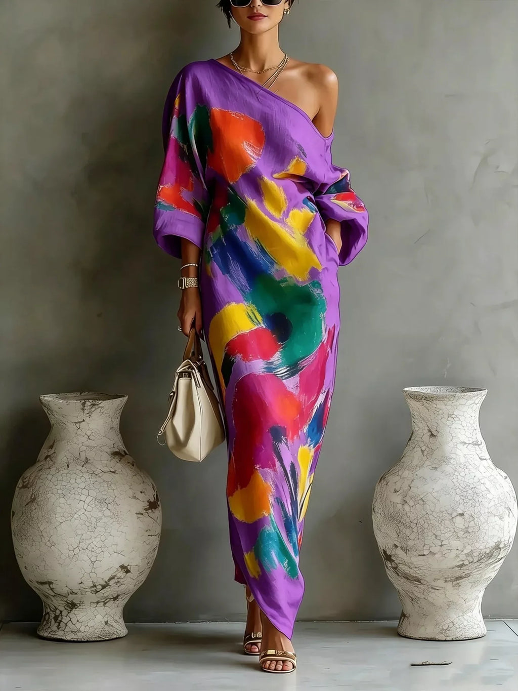 Full Size One-Shoulder Abstract Print Loose Fit Maxi Dress Plus Size