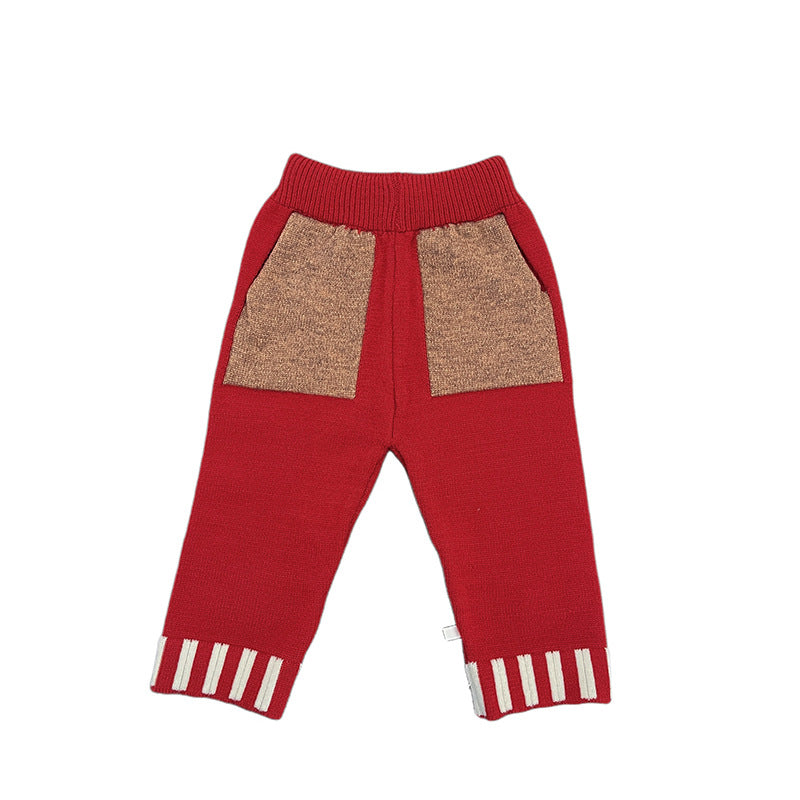 Knitted Contrasting-Color Red Sweater Pants And Hat New Year Three-Piece Set