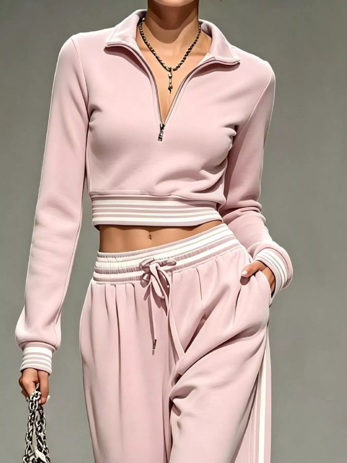 Full Size Half Zip Cropped Top and Pants Set Plus Size