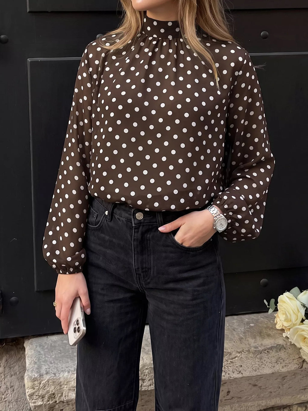 Polka Dot Mock Neck Long Sleeve Blouse