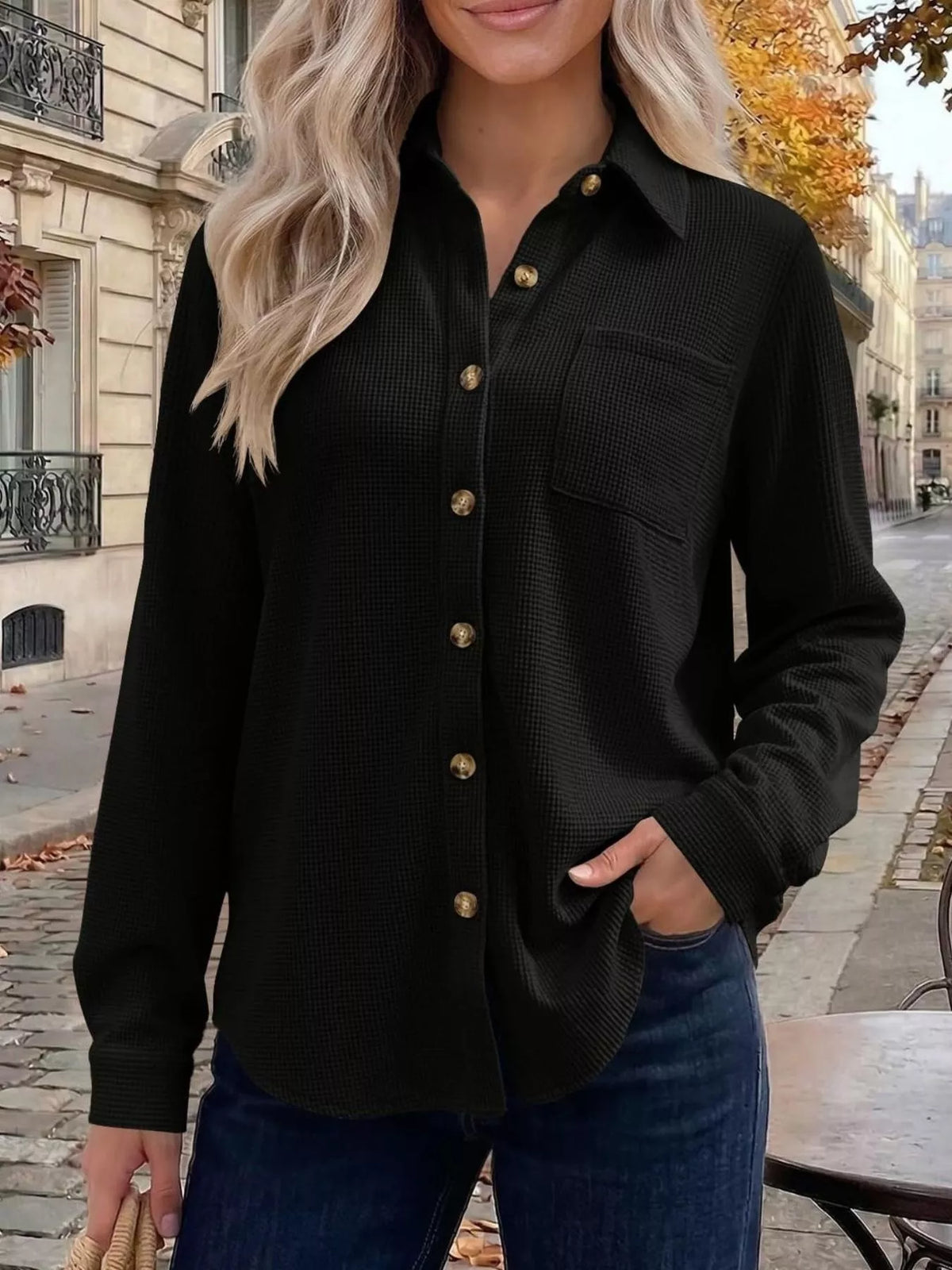 Waffle Knit Button-Down Long Sleeve Shirt