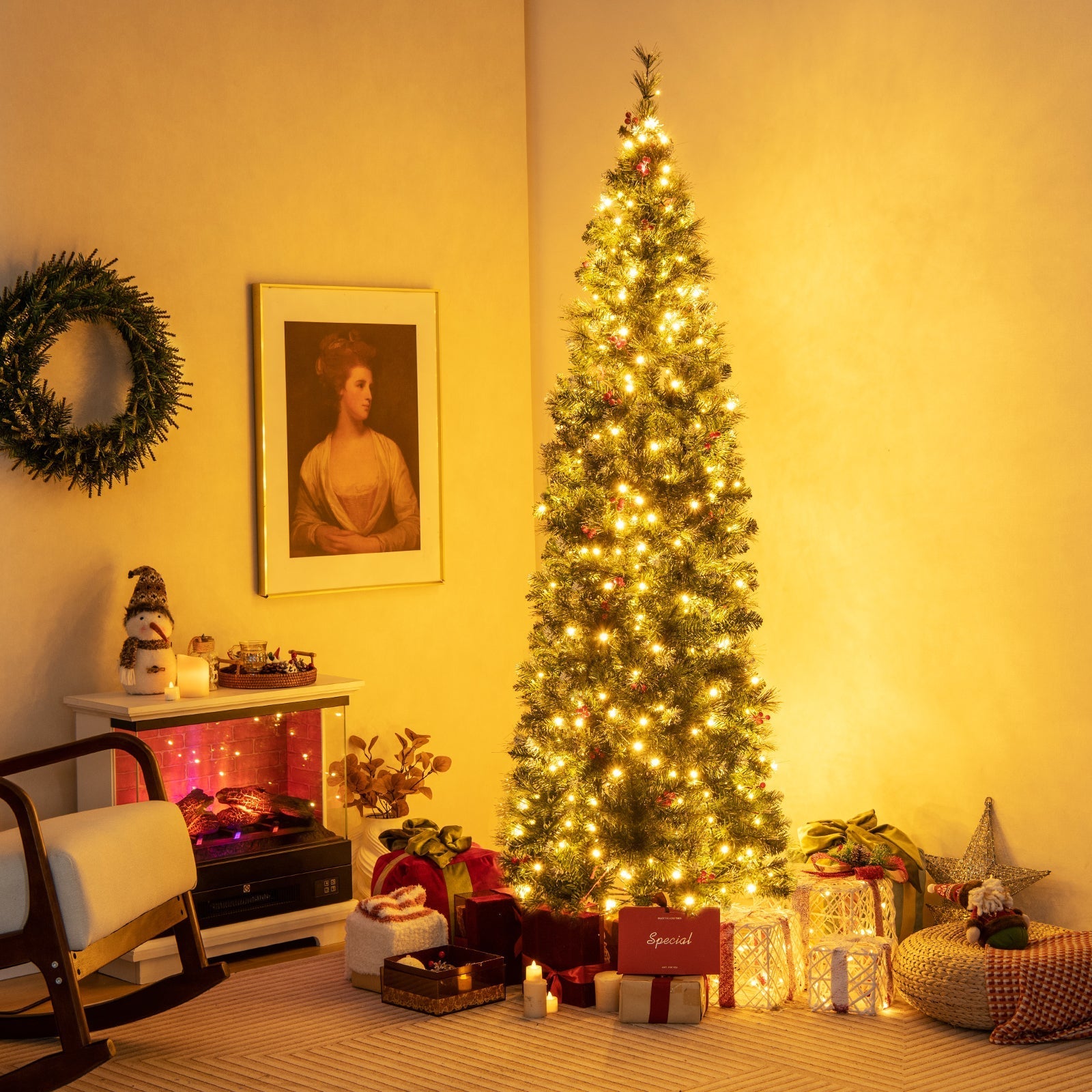 5/6/7/8/9 FT Pre-Lit Artificial Hinged Slim Pencil Christmas Tree