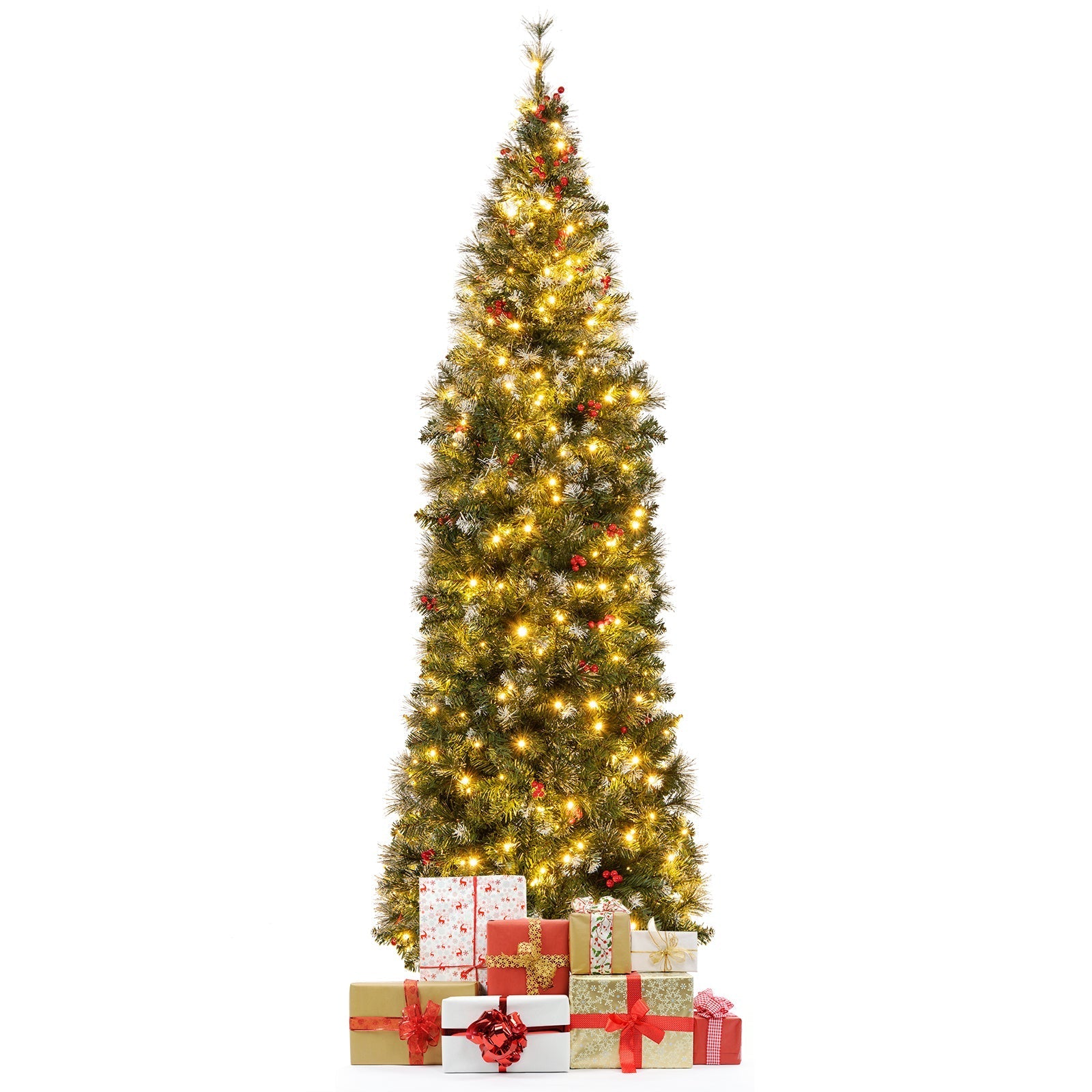 5/6/7/8/9 FT Pre-Lit Artificial Hinged Slim Pencil Christmas Tree