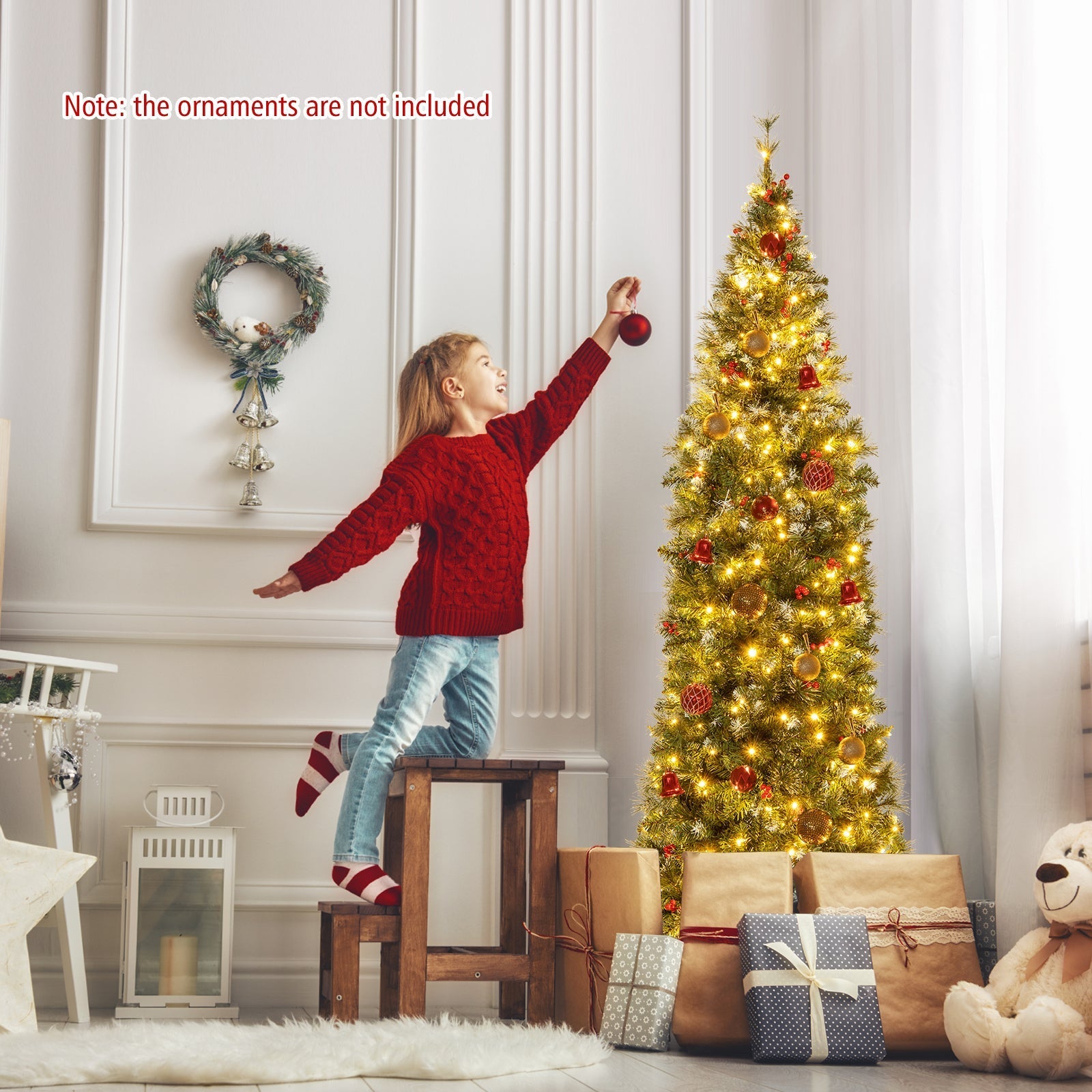 5/6/7/8/9 FT Pre-Lit Artificial Hinged Slim Pencil Christmas Tree