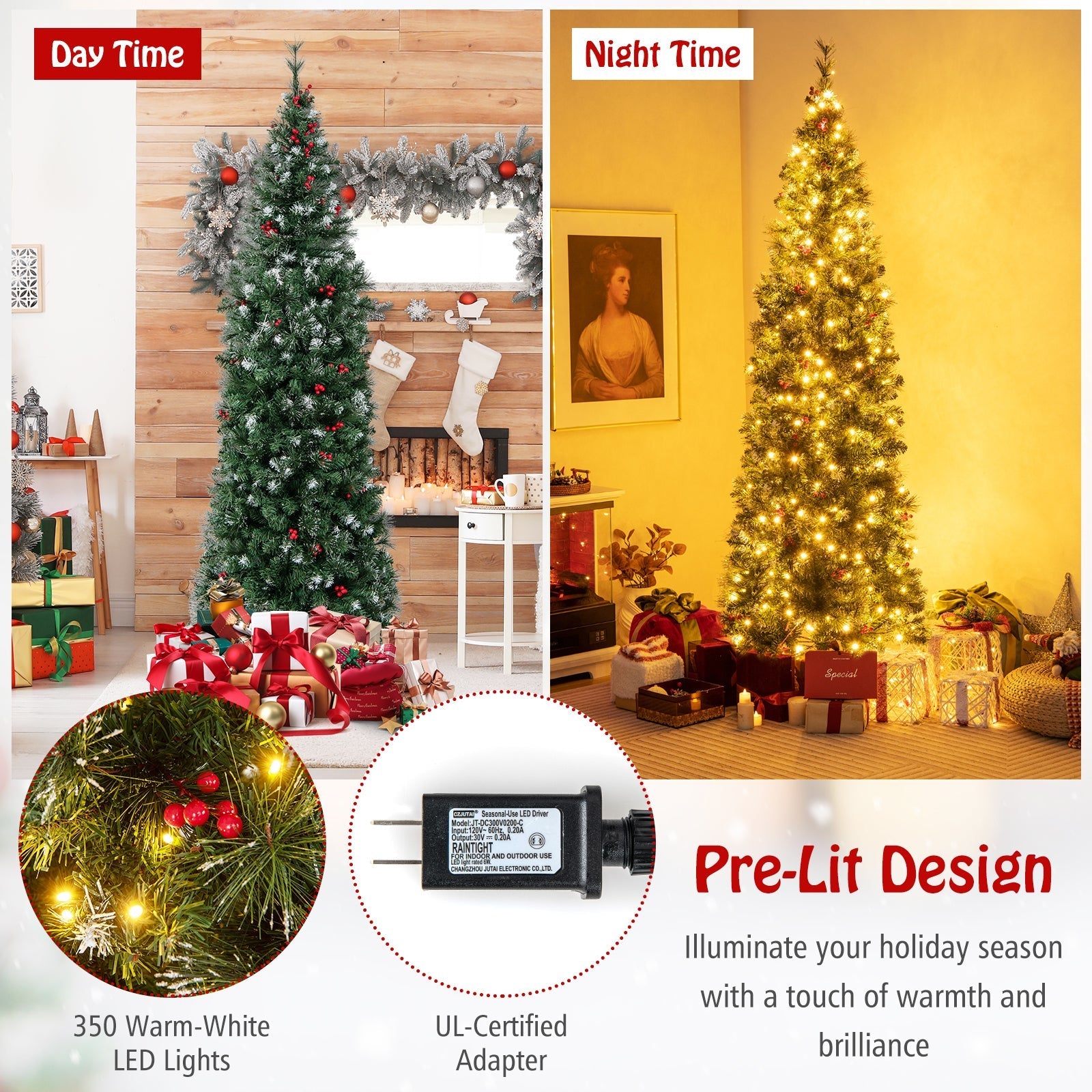 5/6/7/8/9 FT Pre-Lit Artificial Hinged Slim Pencil Christmas Tree