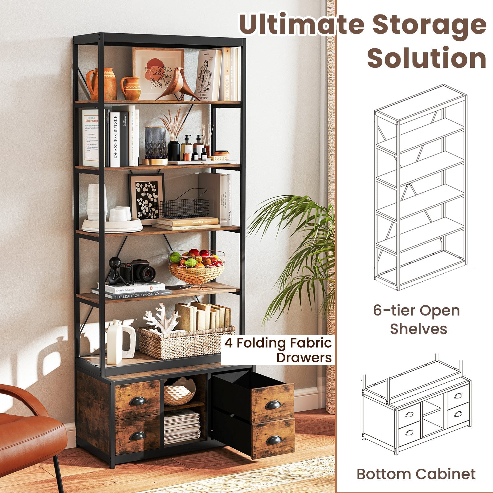 8-tier Bookshelf with 4 Fabric Drawers  and Heavy-duty Metal Frame-Coffee