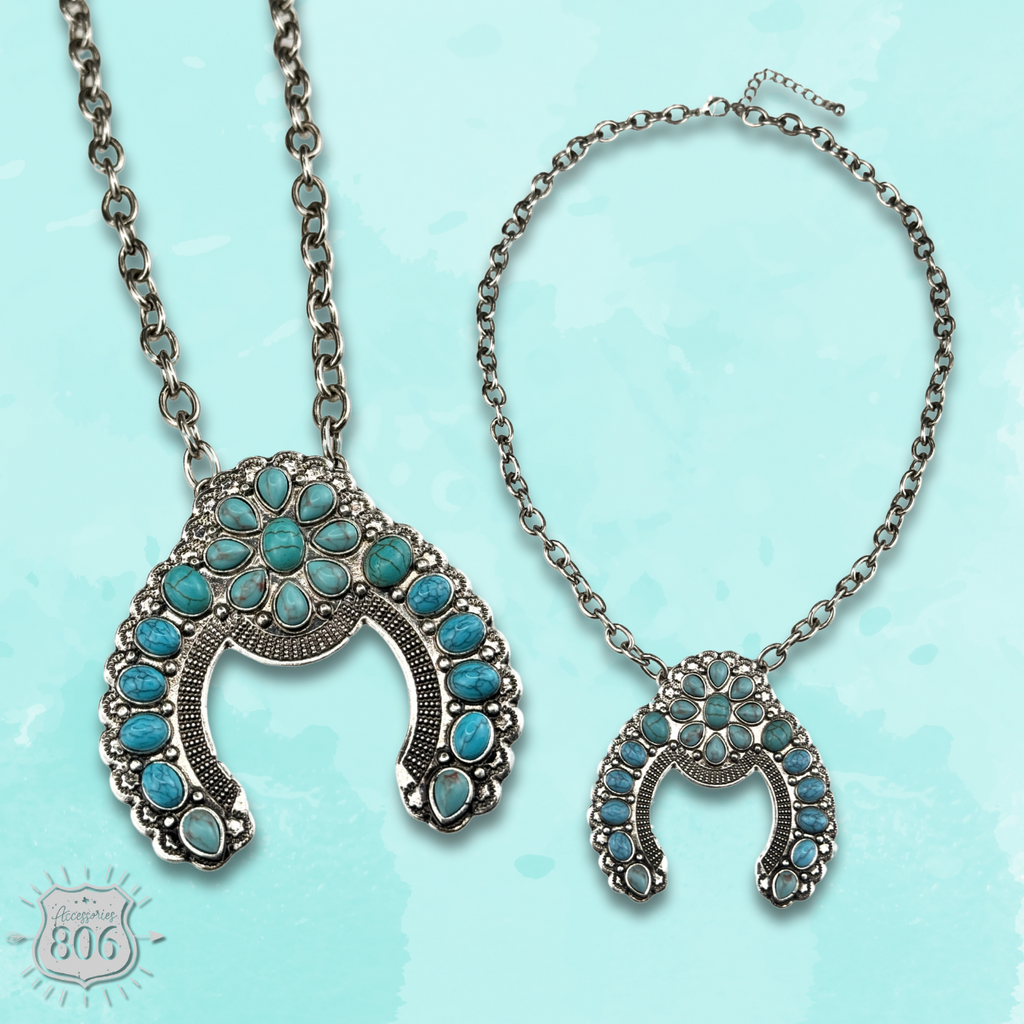 Silver and turquoise squash blossom necklace