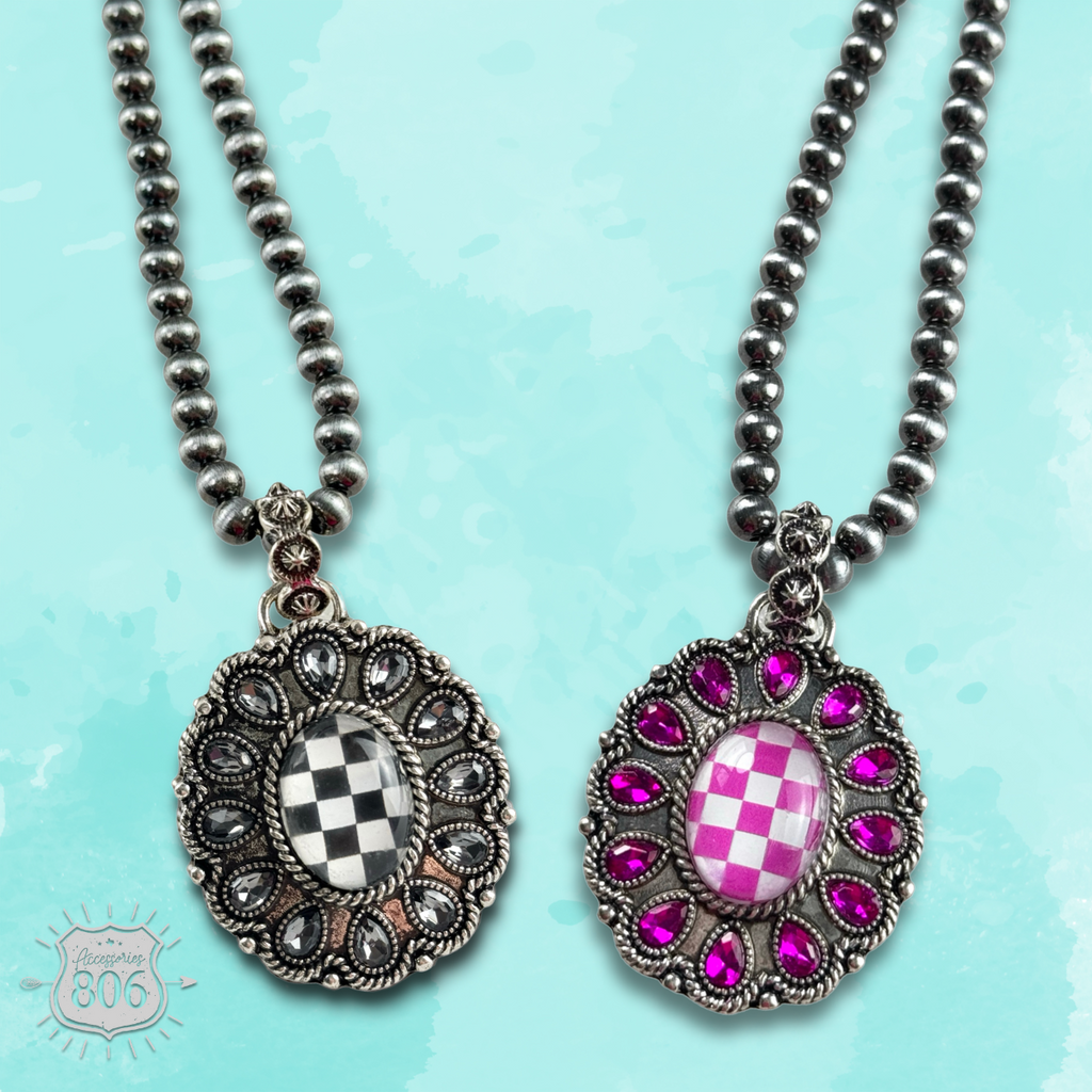 Western oval rhinestone pendant on burnished silver bead necklace