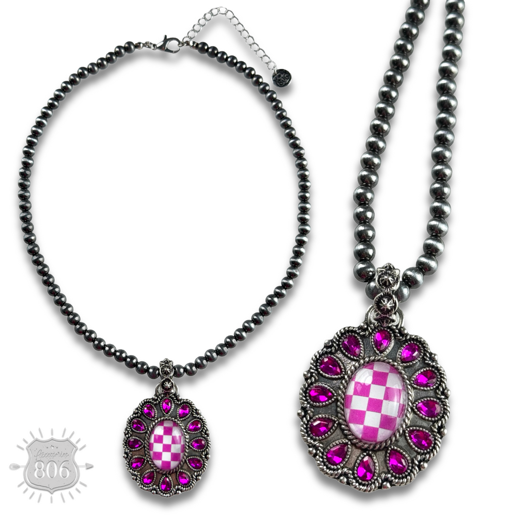 Western oval rhinestone pendant on burnished silver bead necklace