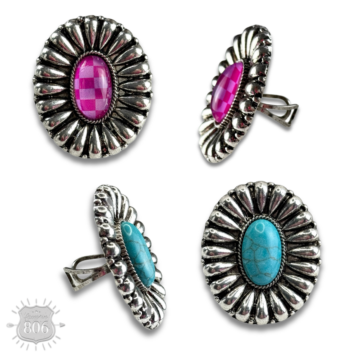 Western sunburst oval ring with center inlay