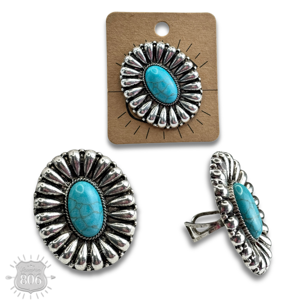 Western sunburst oval ring with center inlay