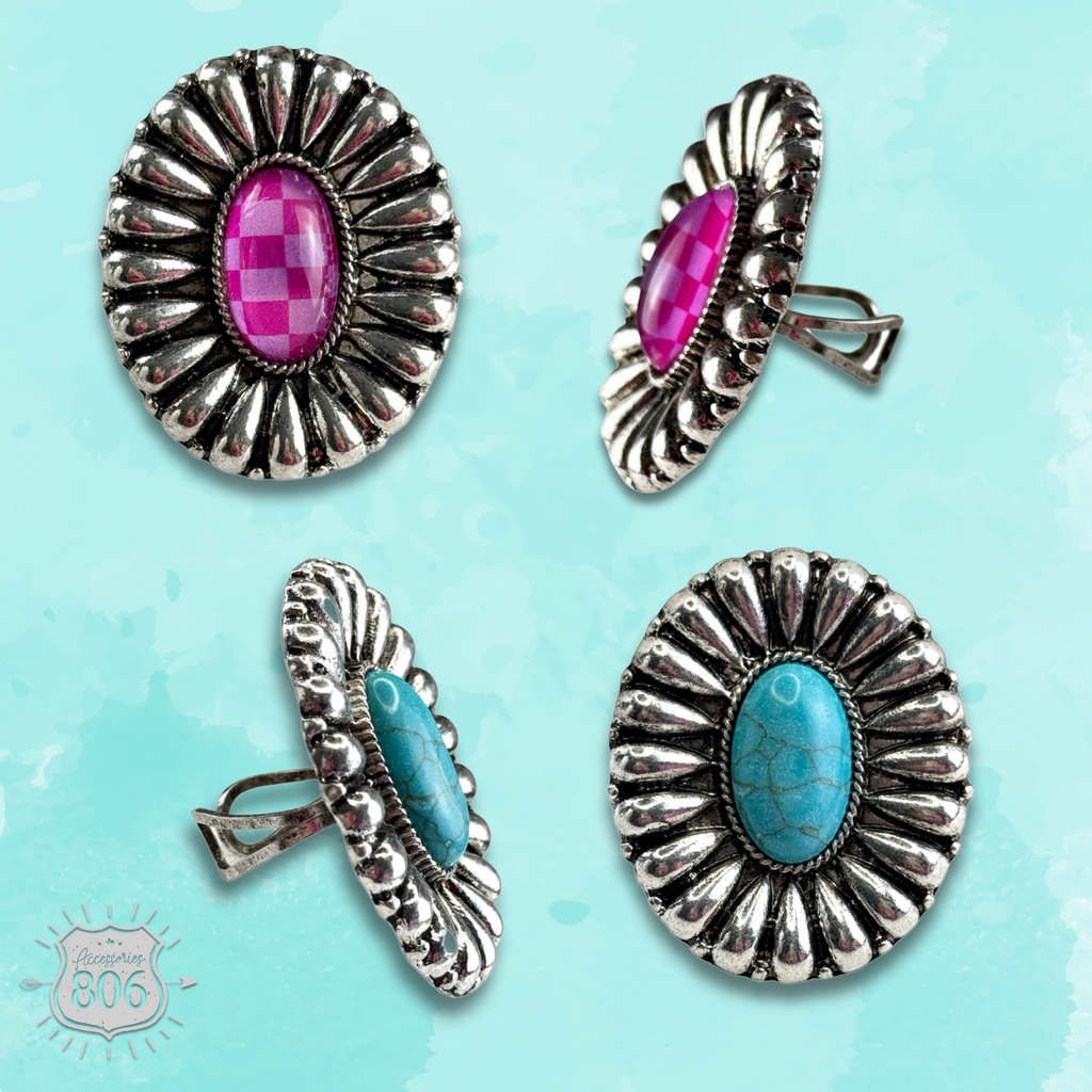 Western sunburst oval ring with center inlay