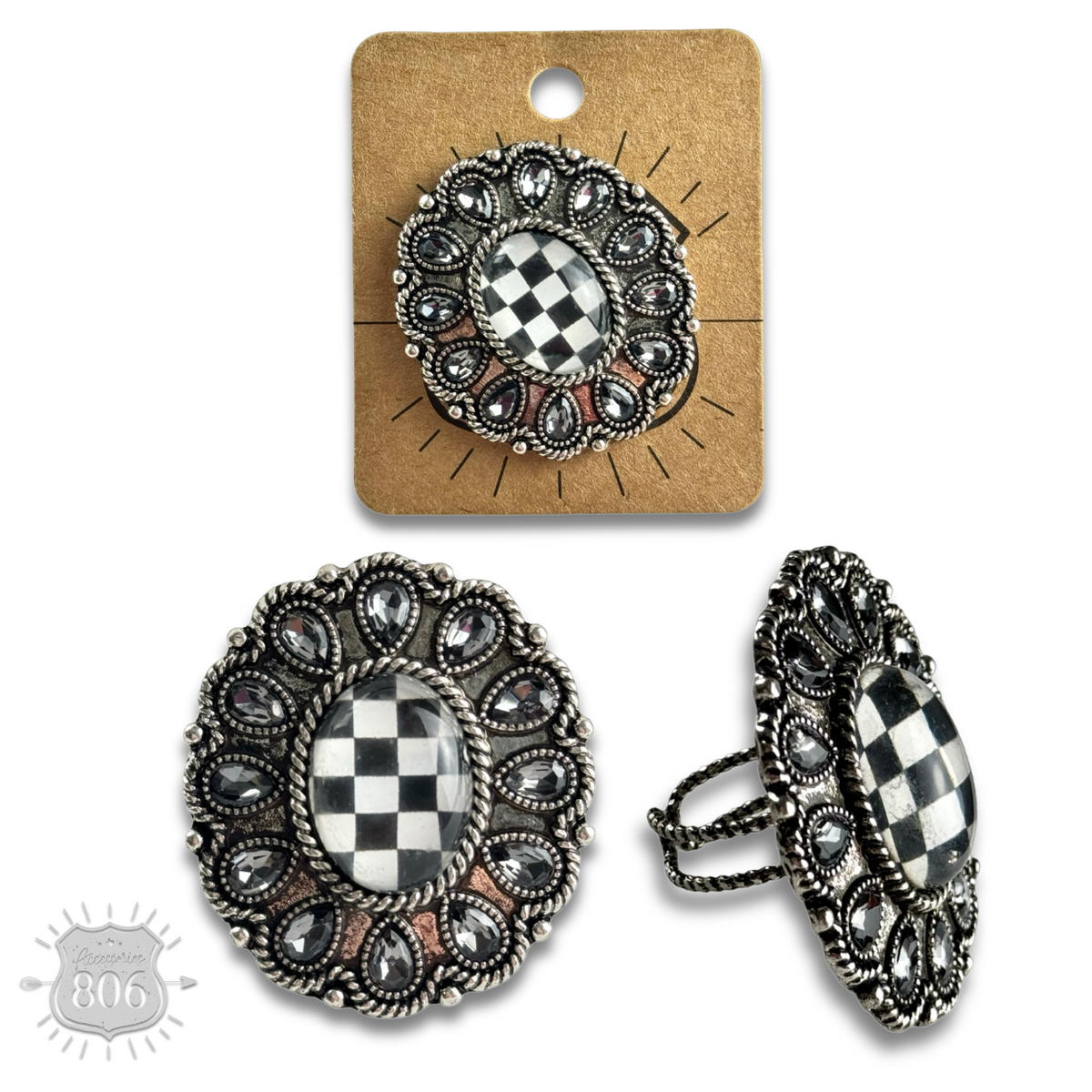Western oval rhinestone ring with checkerboard inlay