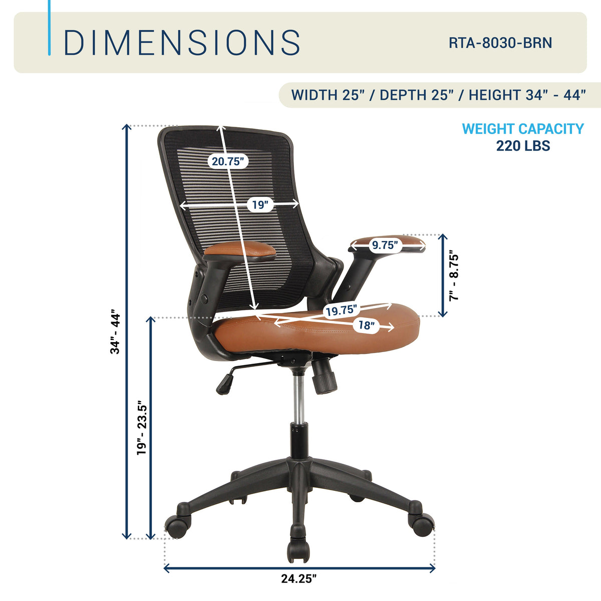 Techni Mobili Mid-Back Mesh Task Office Chair with Height Adjustable Arms