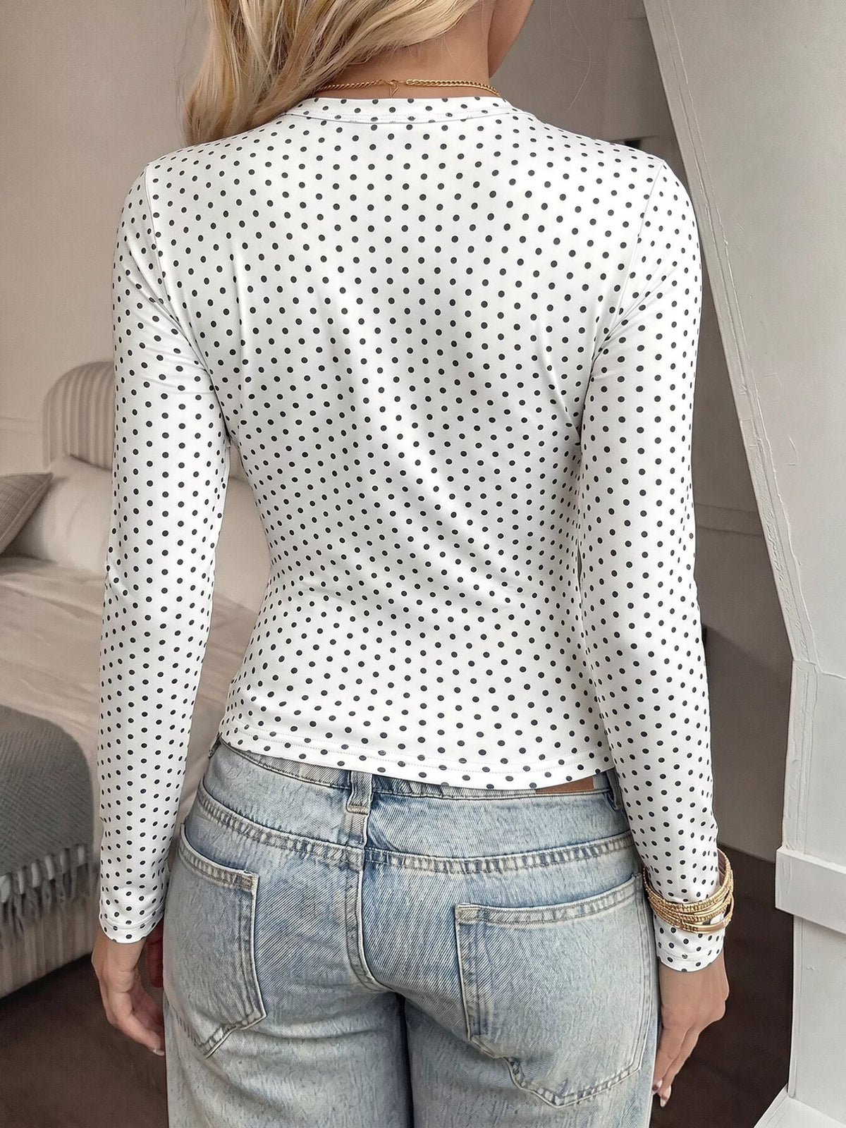 Long Sleeve Polka Dot Slim Fit T-Shirt