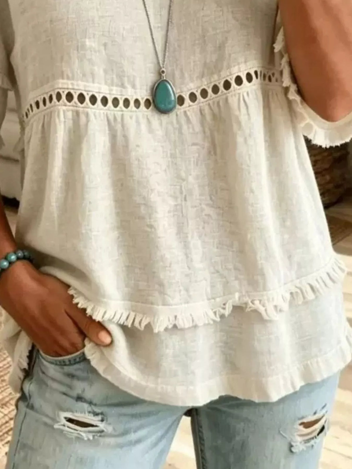 Eyelet V-Neck Frayed Edge T-Shirt