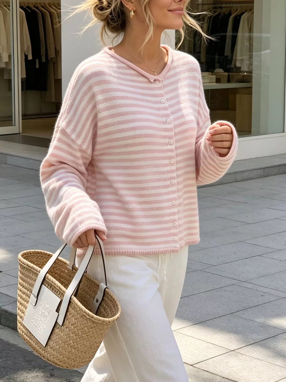 Striped Button-Down Knit Cardigan