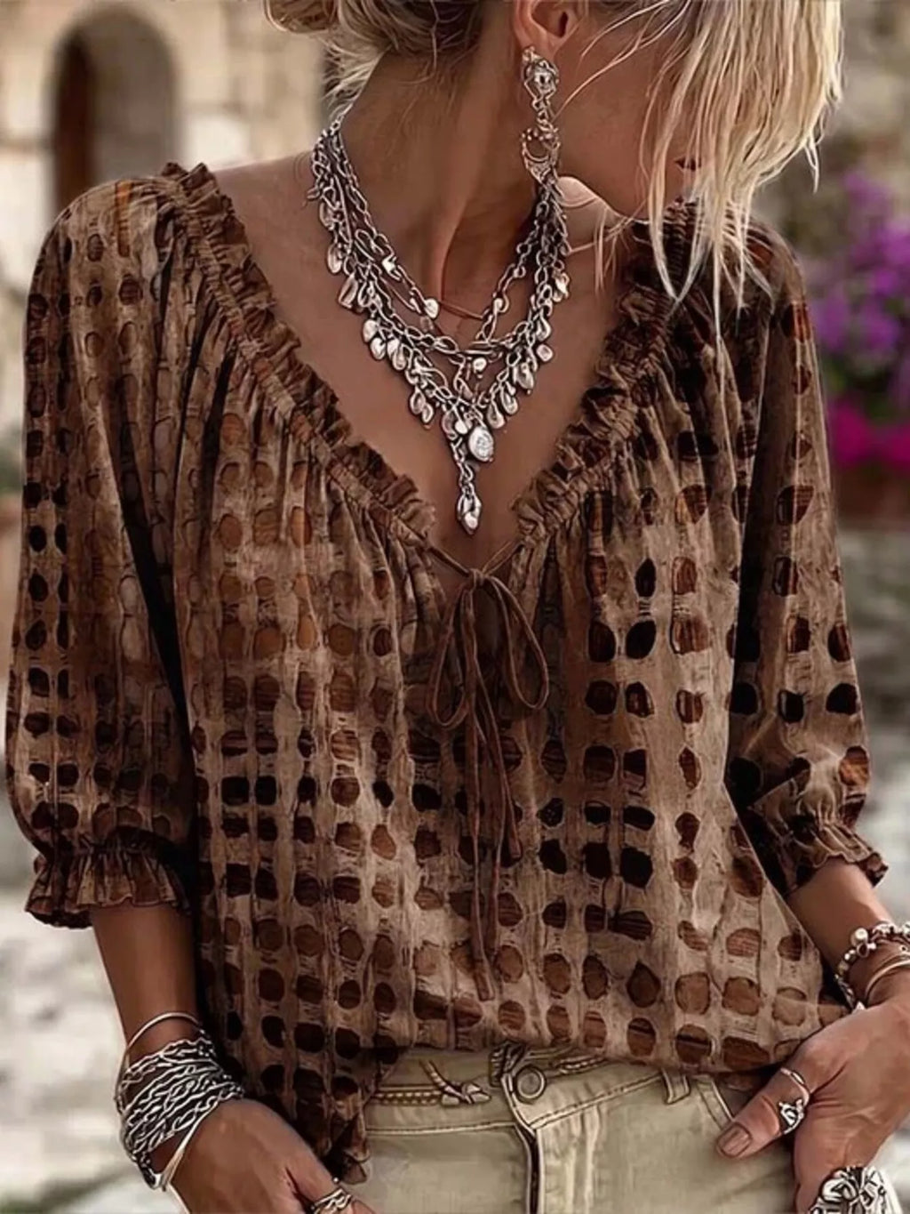 Full Size Tie Neck 3/4 Sleeve Blouse Plus Size