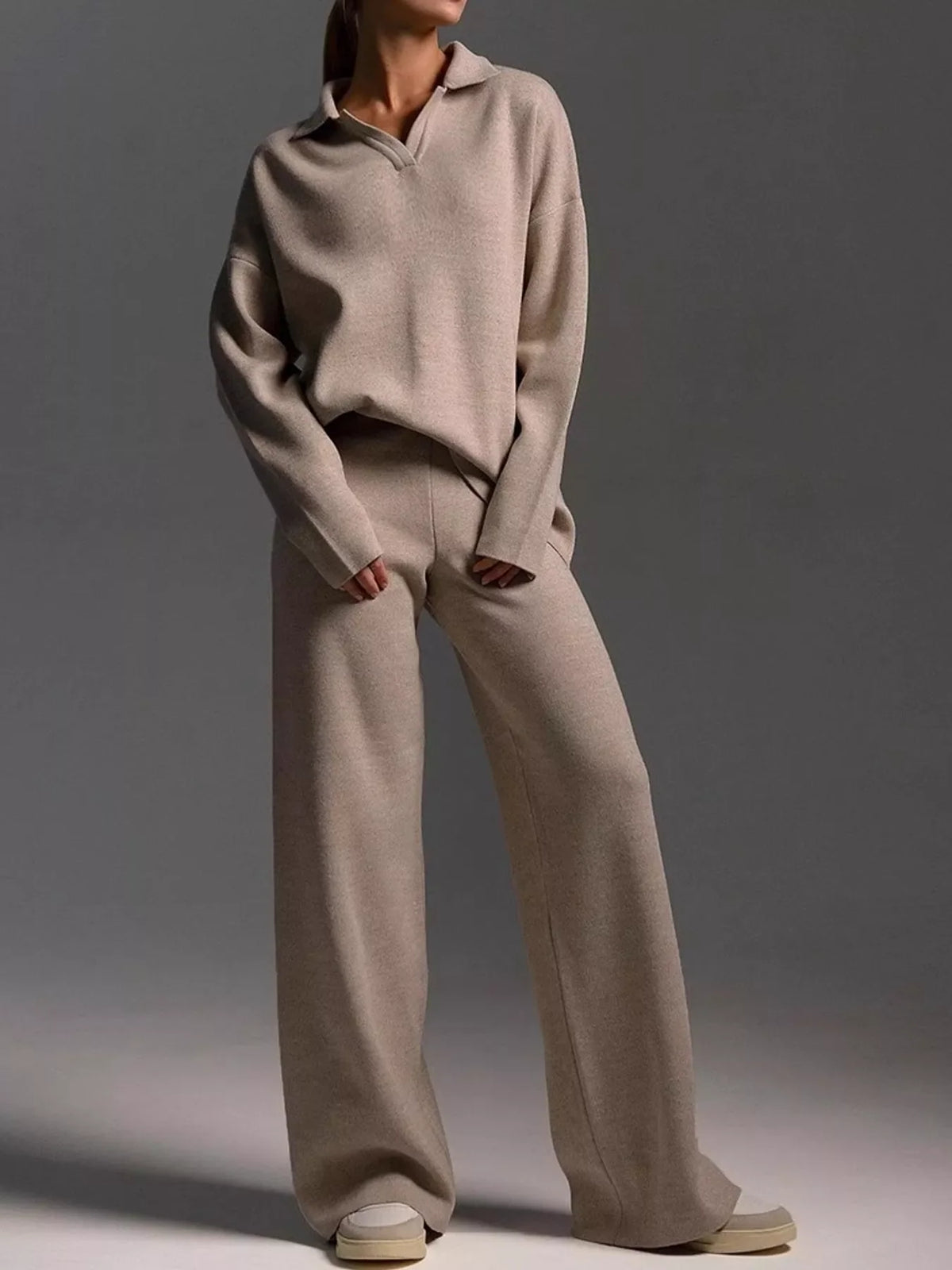 Polo Collar Top and Wide-Leg Pants Set