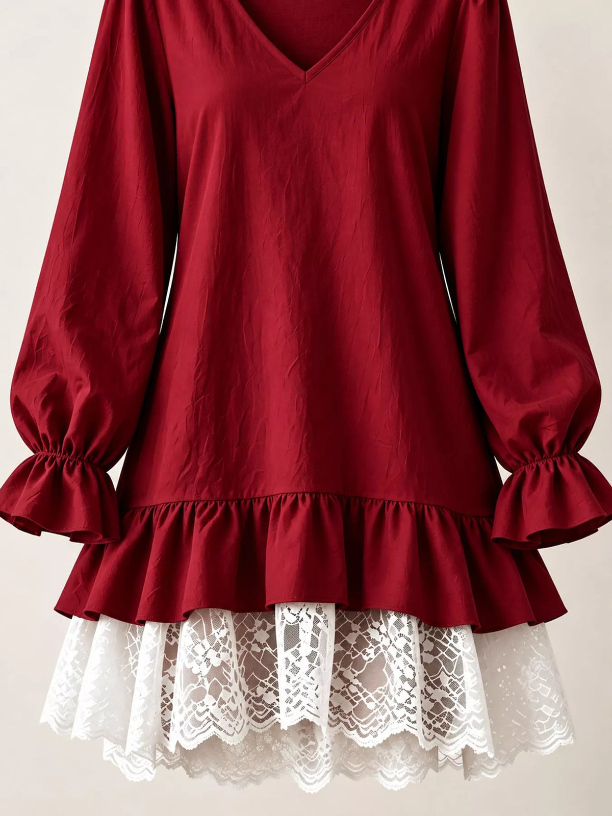 Lace Hem V-Neck Flounce Sleeve Dress
