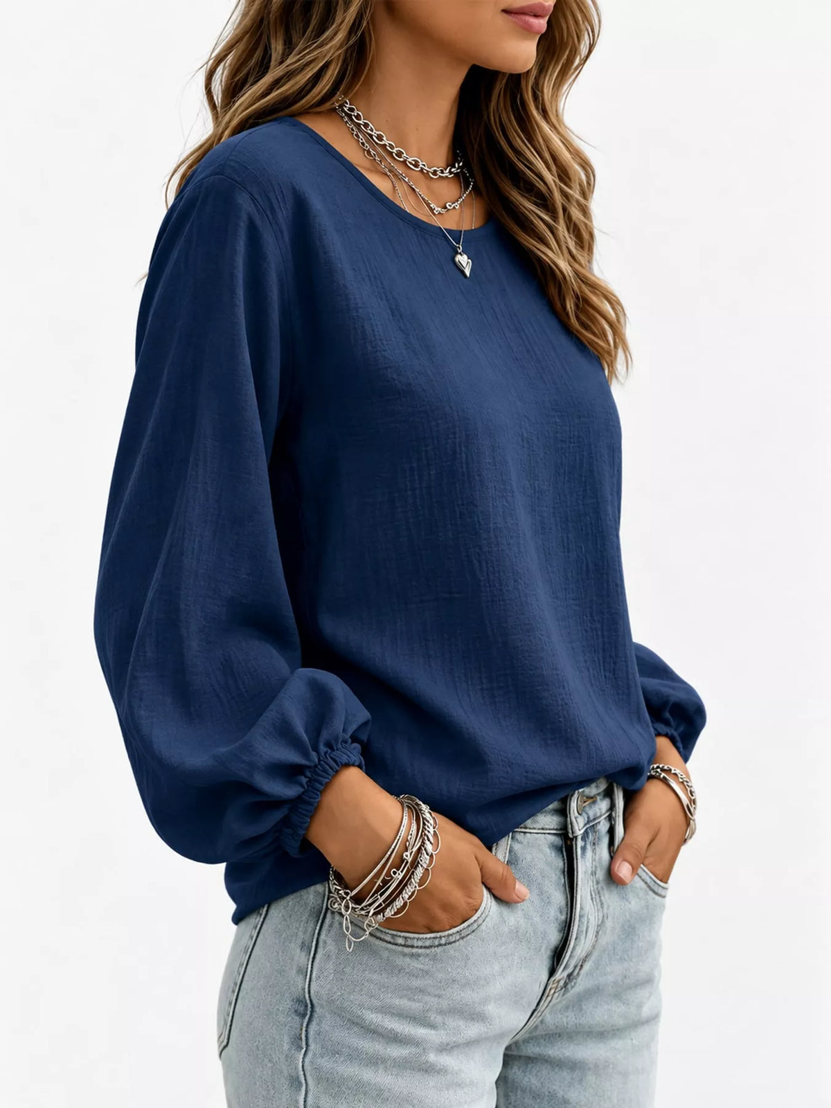 Full Size Elasticated Cuffs Long Sleeve Blouse Plus Size