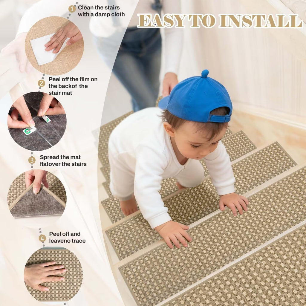 DEXDE 4-Pack Non-Slip Chenille Linen Stair Treads 9x30 Beige