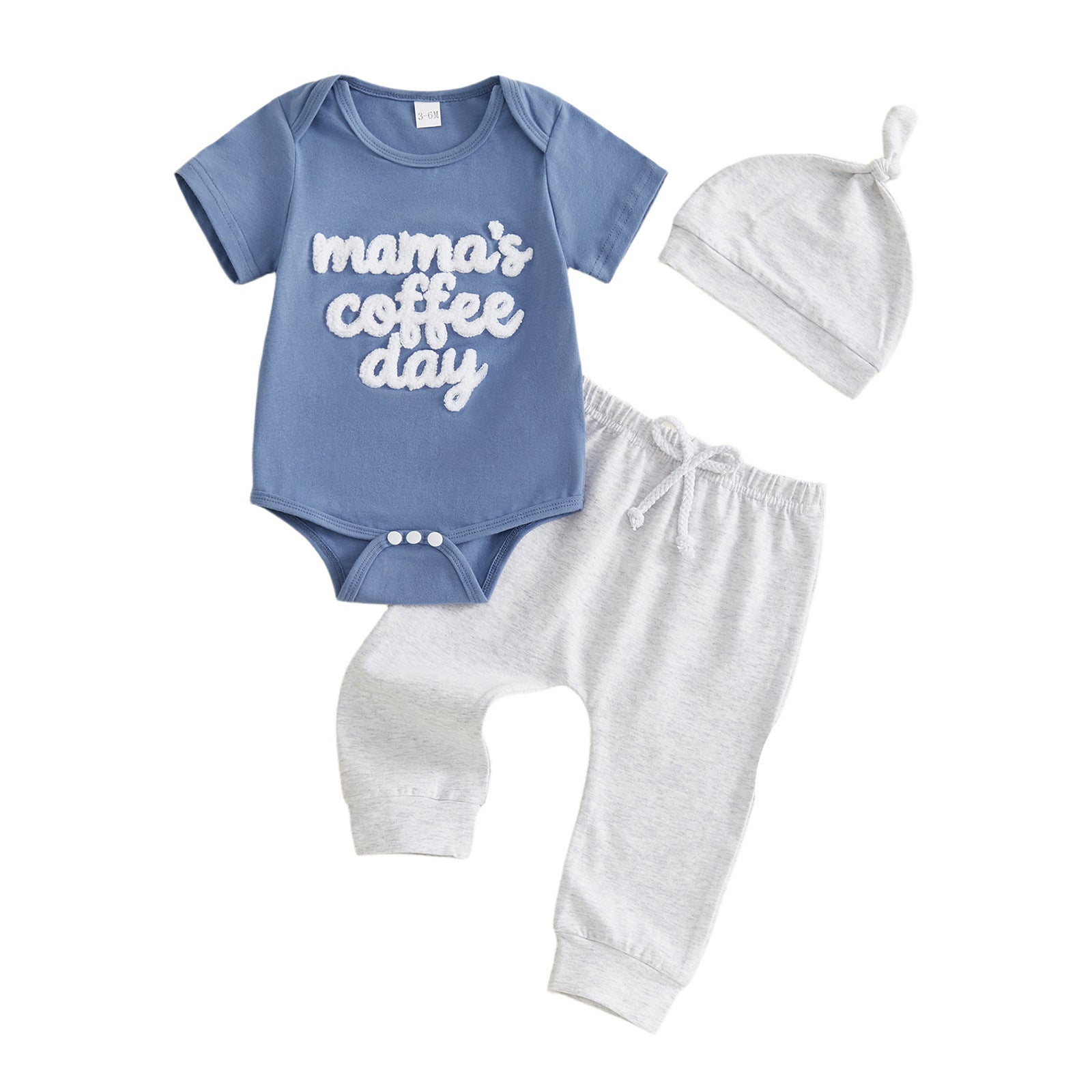 Baby Letter-embroidered Short-sleeve Romper Long Pants Hat Three-piece Set